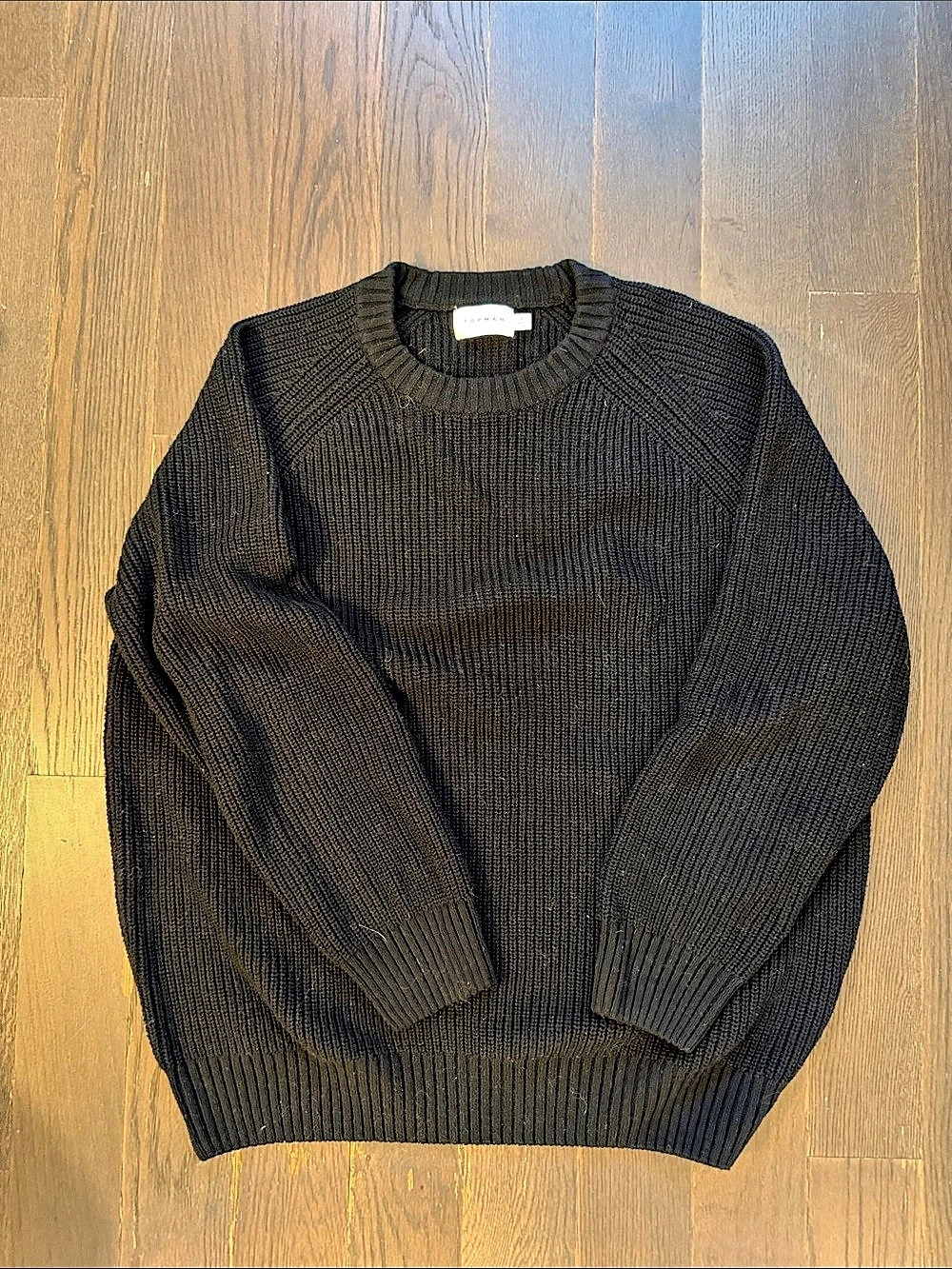 Topman Classic Fit Fisherman Knit Jumper Black Crewneck Sweater